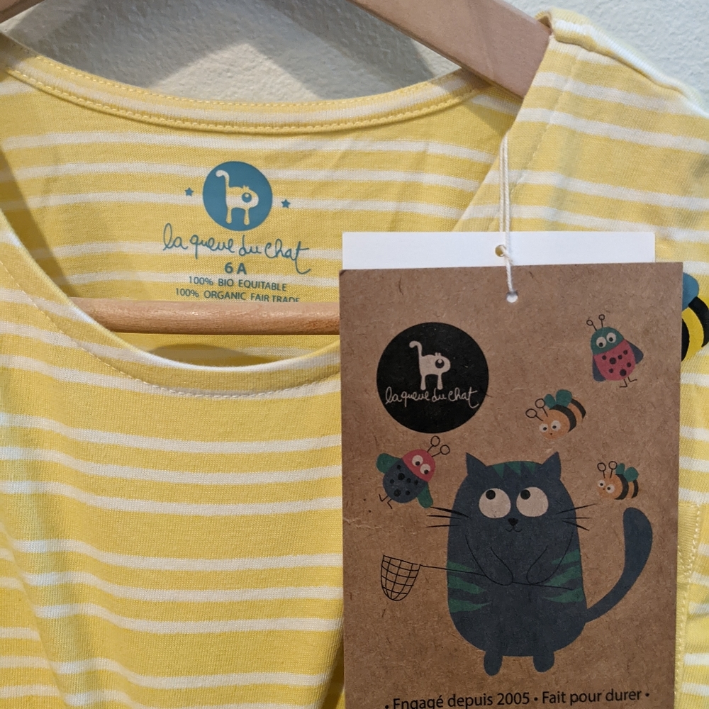 La Queue du Chat - 100% organic cotton yellow/white striped dress, size 6 kids